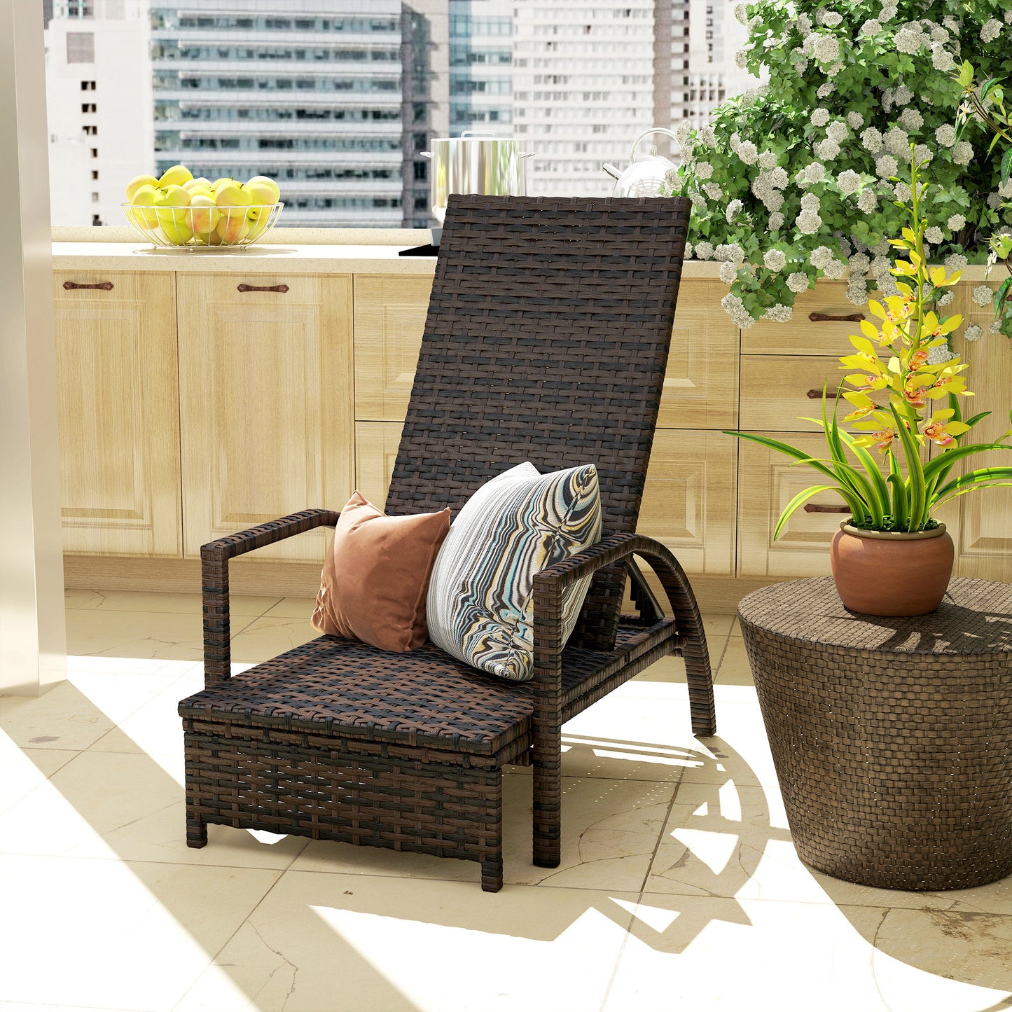 PE Rattan Sun Lounger with 4-Level Adjustable Backrest, Mixed-brown