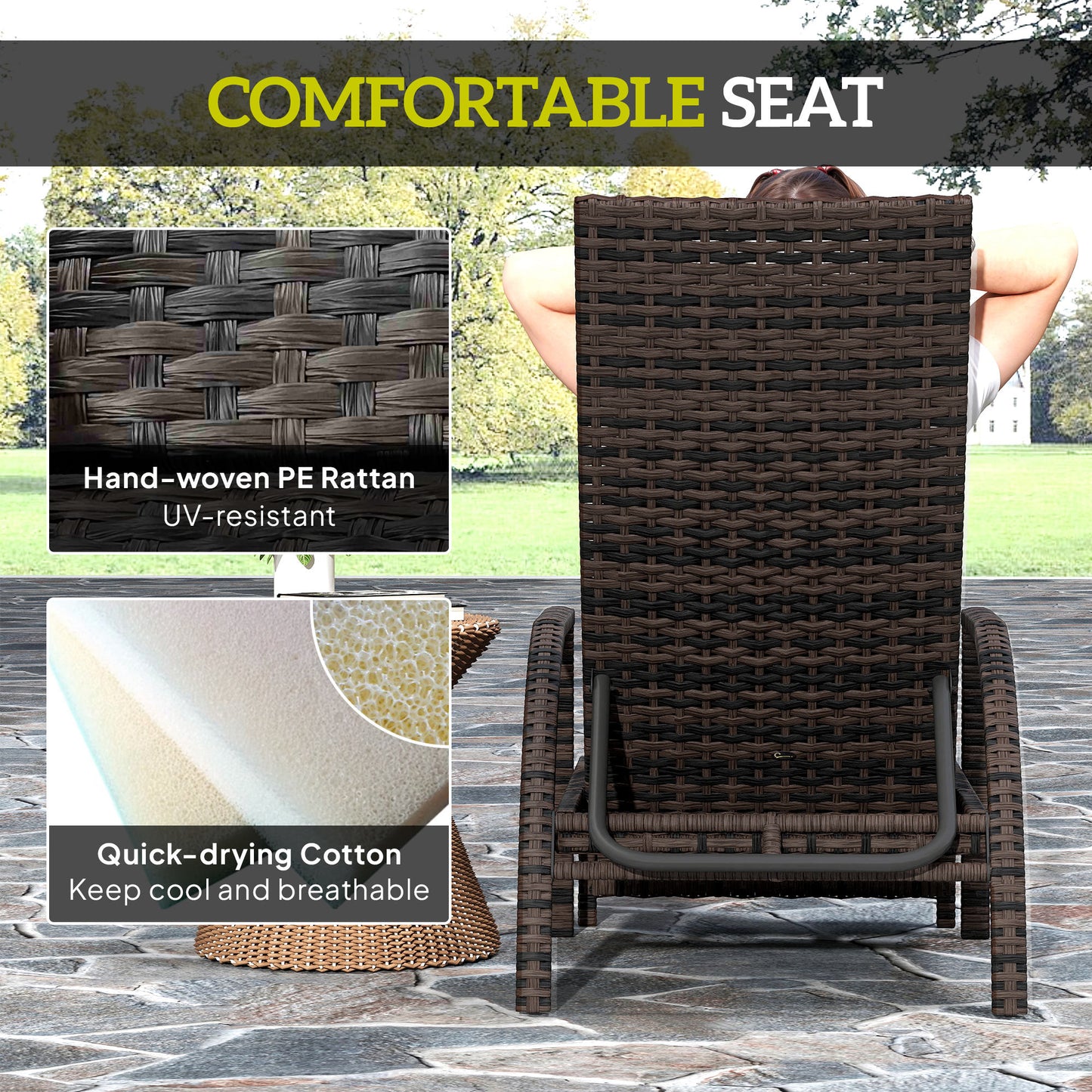 PE Rattan Sun Lounger with 4-Level Adjustable Backrest, Mixed-brown