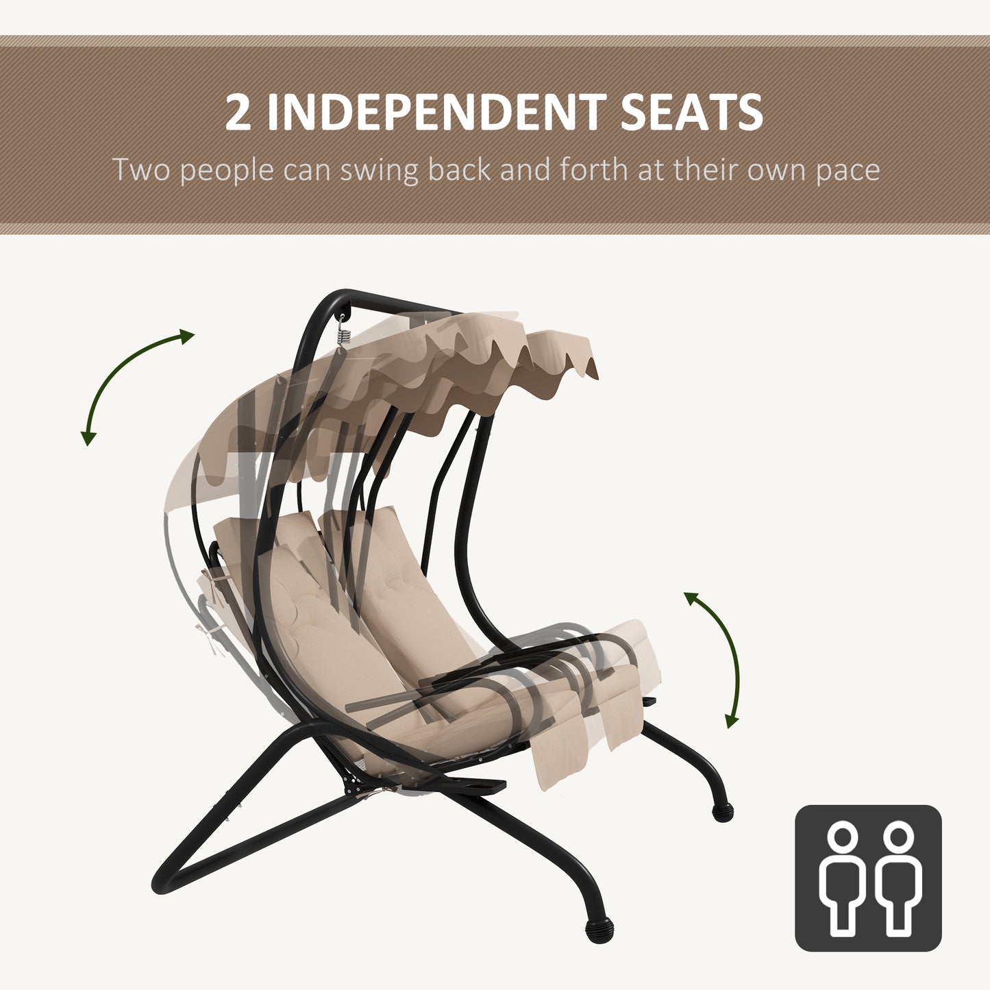 Canopy Swing 2 Separate Relax Chairs w/ Handrails, Cup Holders Beige