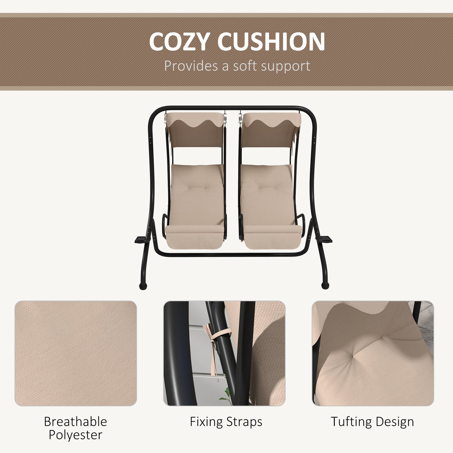 Canopy Swing 2 Separate Relax Chairs w/ Handrails, Cup Holders Beige