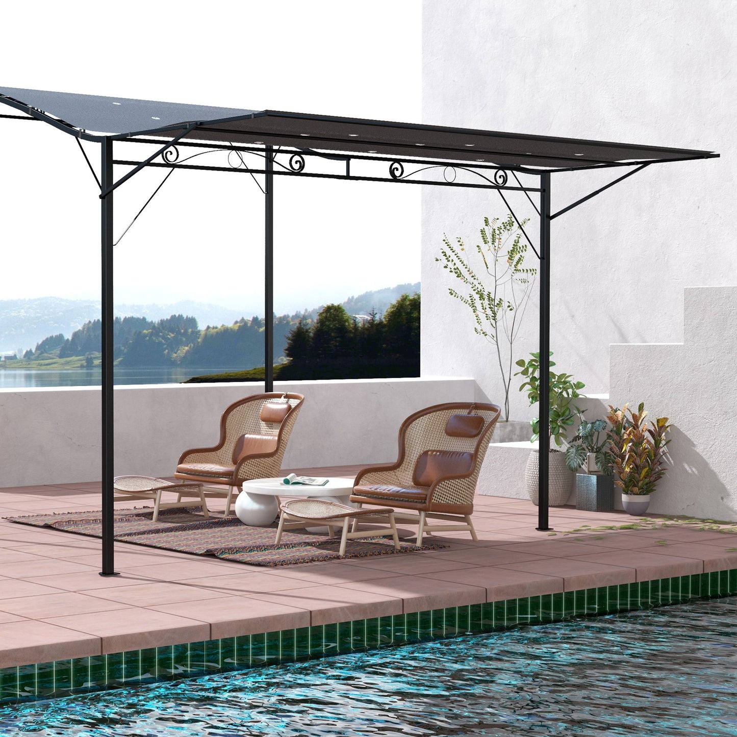 3 x 2.5m Patio Metal Gazebo Door Window Awning Wall Mount Metal Outdoor Shelter Charcoal Grey