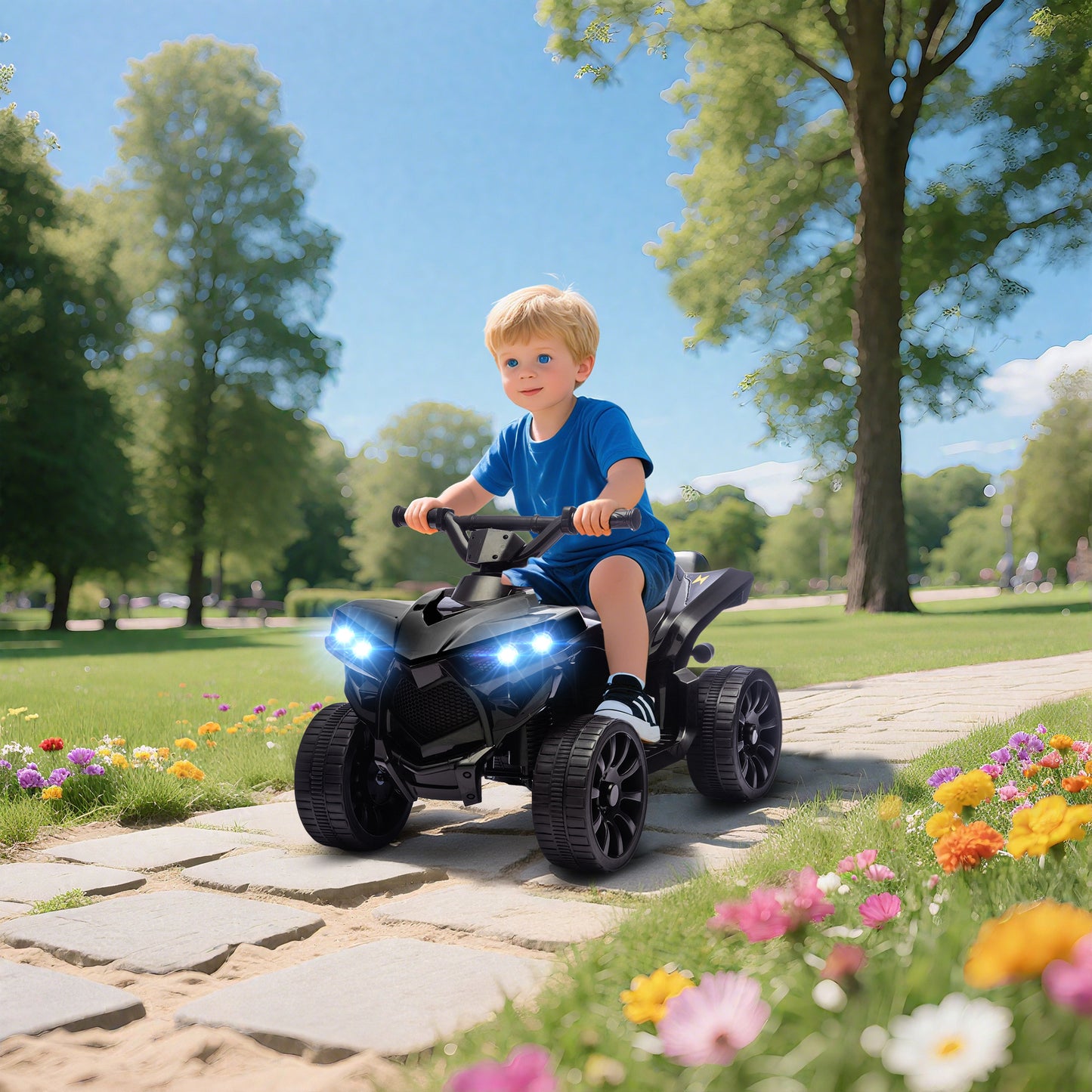 6V Electric Ride on Car, Kids ATV 4 Wheeler with Music and LED Headlights, Indoor Outdoor Toy Car for Ages 3-8 Years Boys and Girls, Black