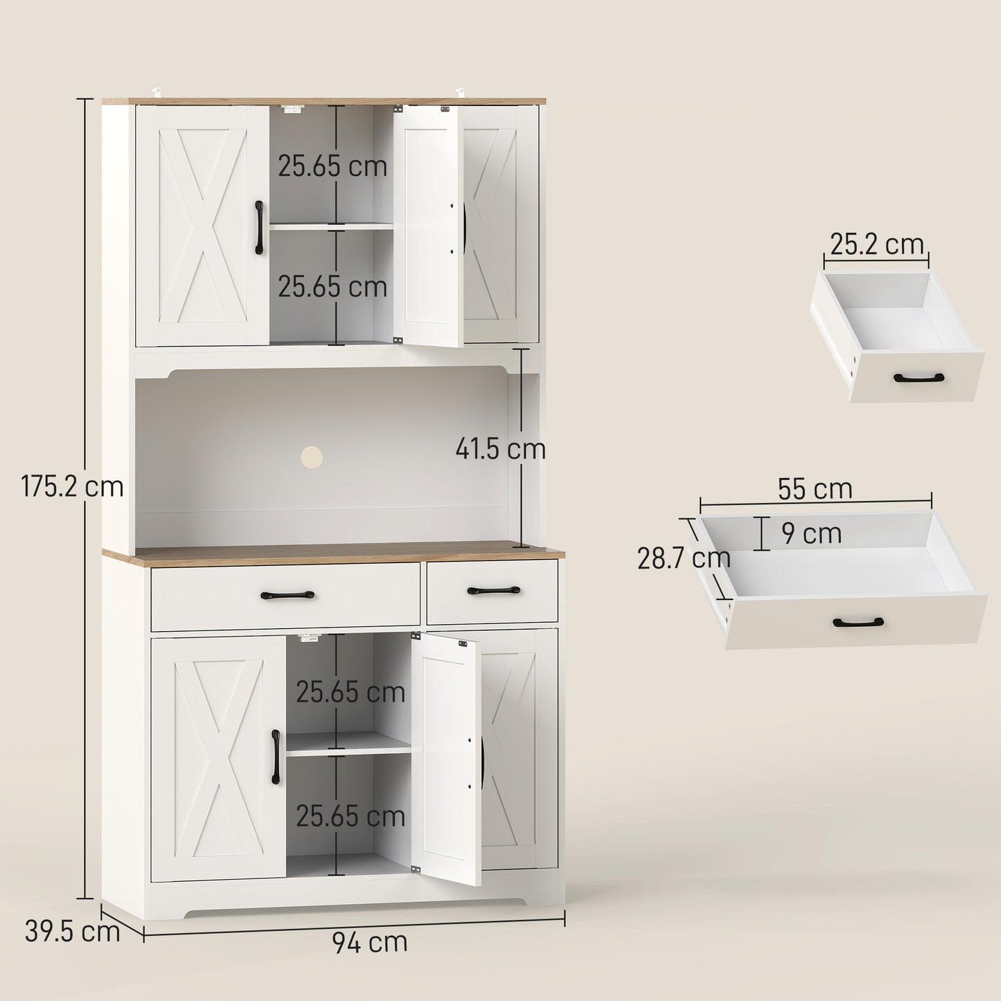 175cm Tall Kitchen Pantry, Kitchen Cabinet w/ Drawers, Shelves, White