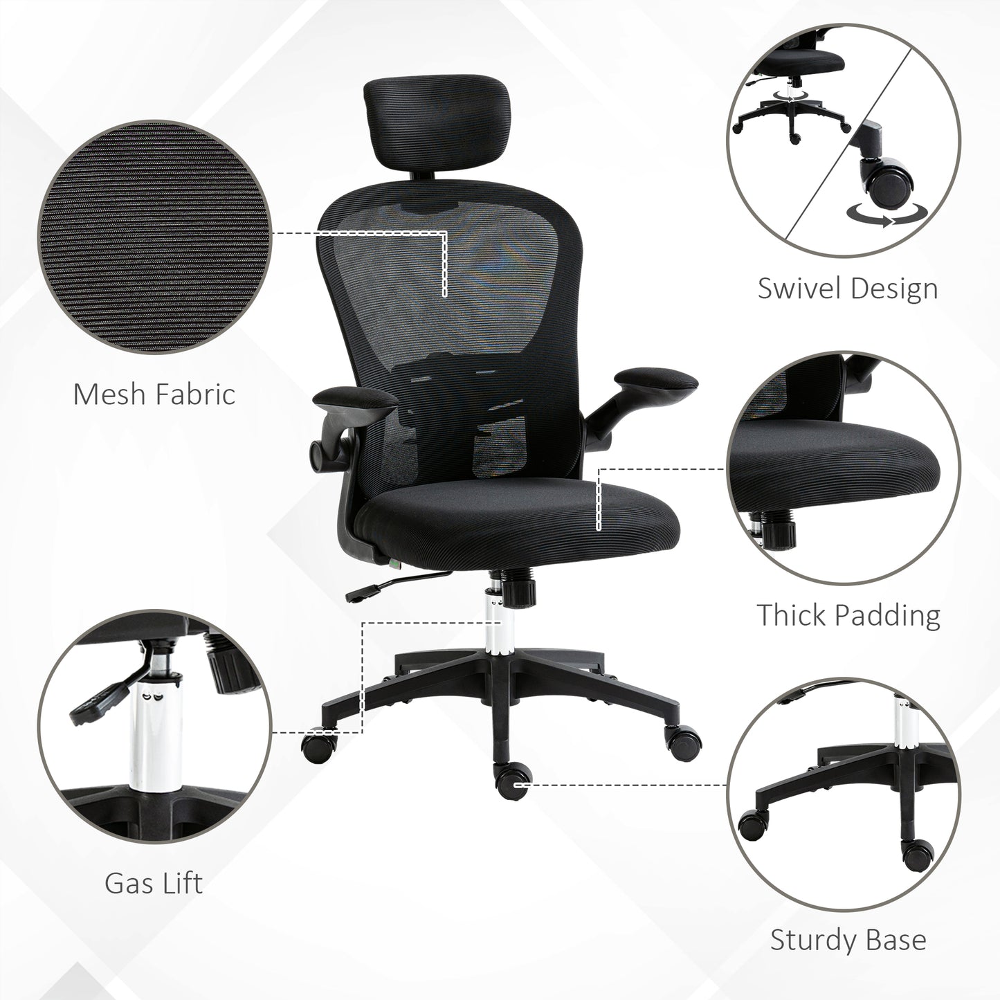 Mesh Chair with Headrest, 4D Lumbar Support, Flip-up Arm, Black