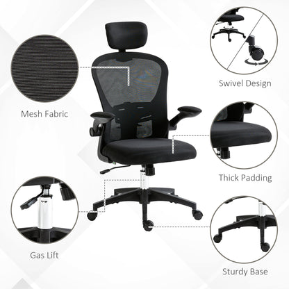 Mesh Chair with Headrest, 4D Lumbar Support, Flip-up Arm, Black