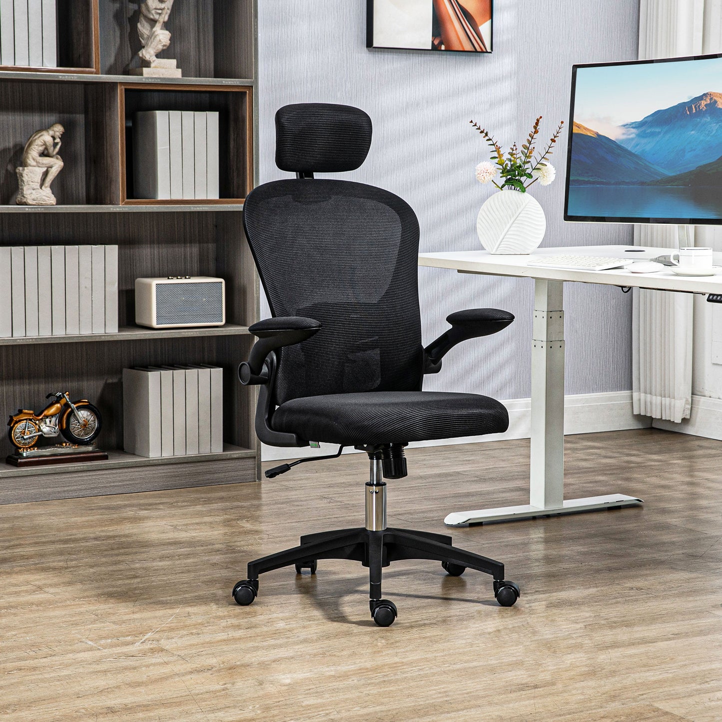 Mesh Chair with Headrest, 4D Lumbar Support, Flip-up Arm, Black