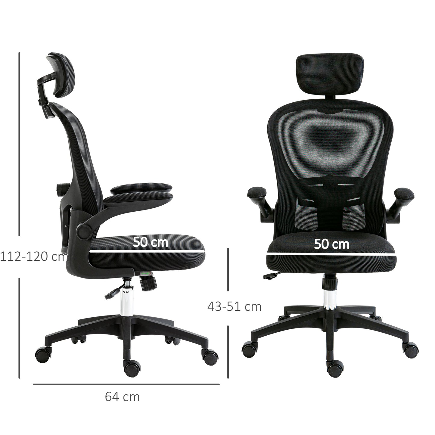 Mesh Chair with Headrest, 4D Lumbar Support, Flip-up Arm, Black
