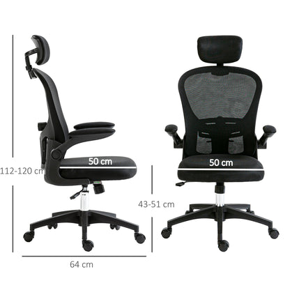 Mesh Chair with Headrest, 4D Lumbar Support, Flip-up Arm, Black
