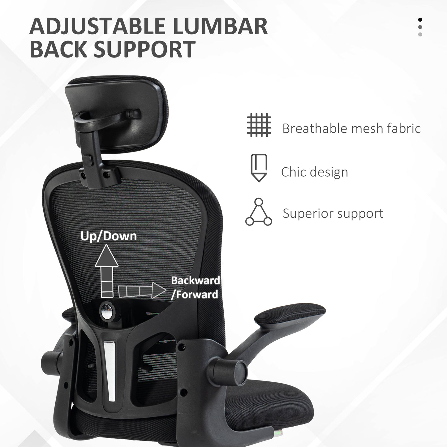 Mesh Chair with Headrest, 4D Lumbar Support, Flip-up Arm, Black