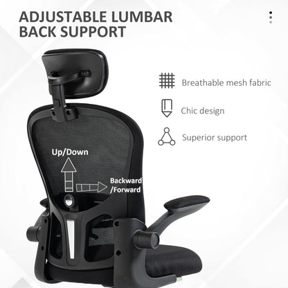 Mesh Chair with Headrest, 4D Lumbar Support, Flip-up Arm, Black