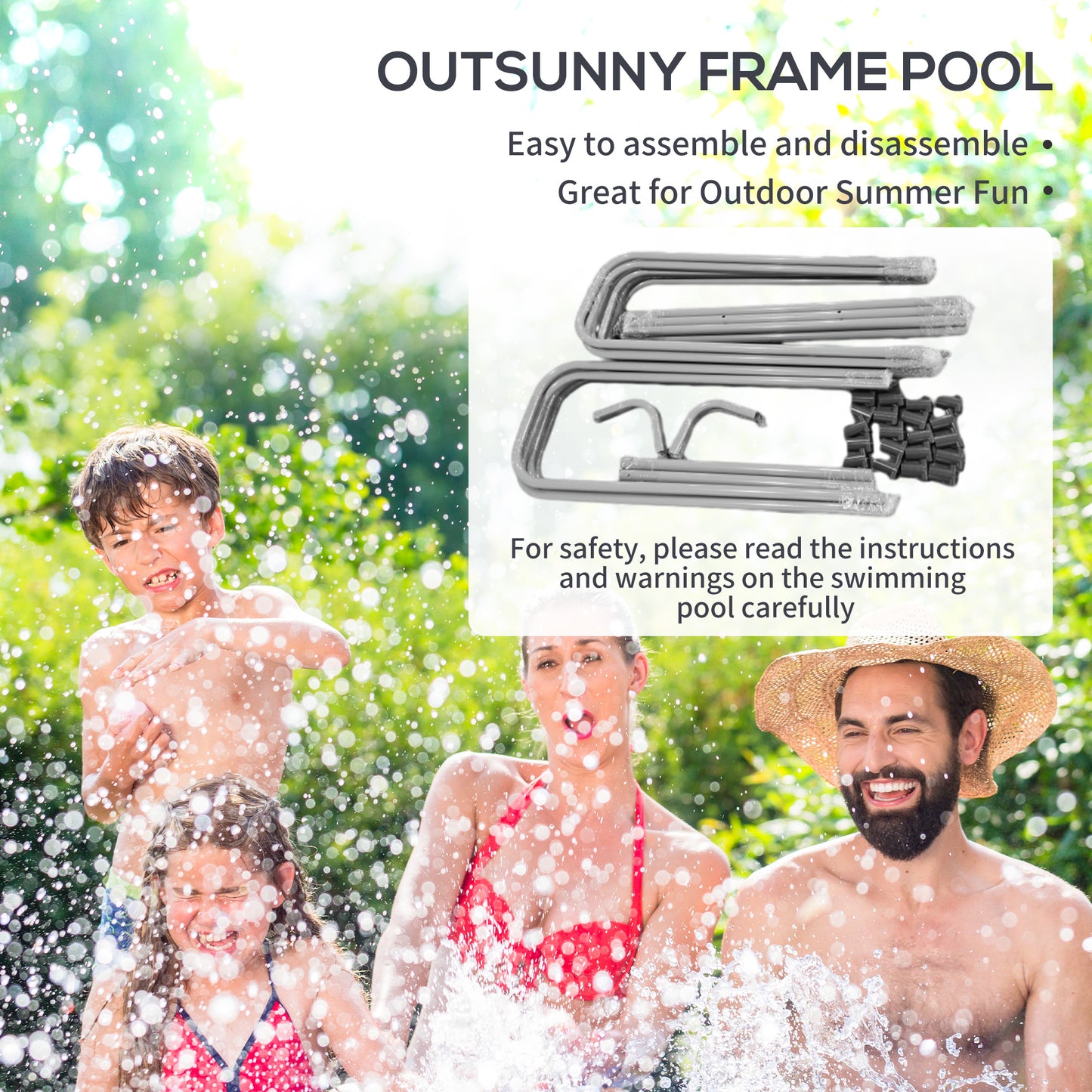 Outsunny Rectangle Steel Frame Swimming Pool with Ladder and Pump - Grey