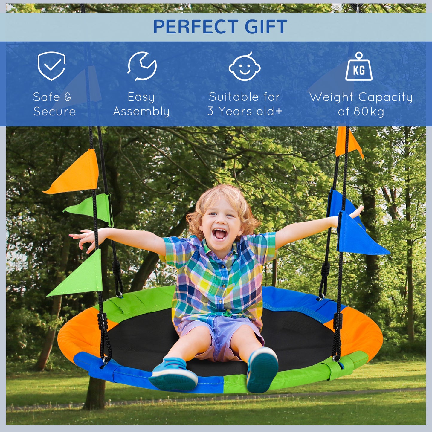Saucer Tree Swing Metal Tube Adjustable Rope Garden Blue Green Orange