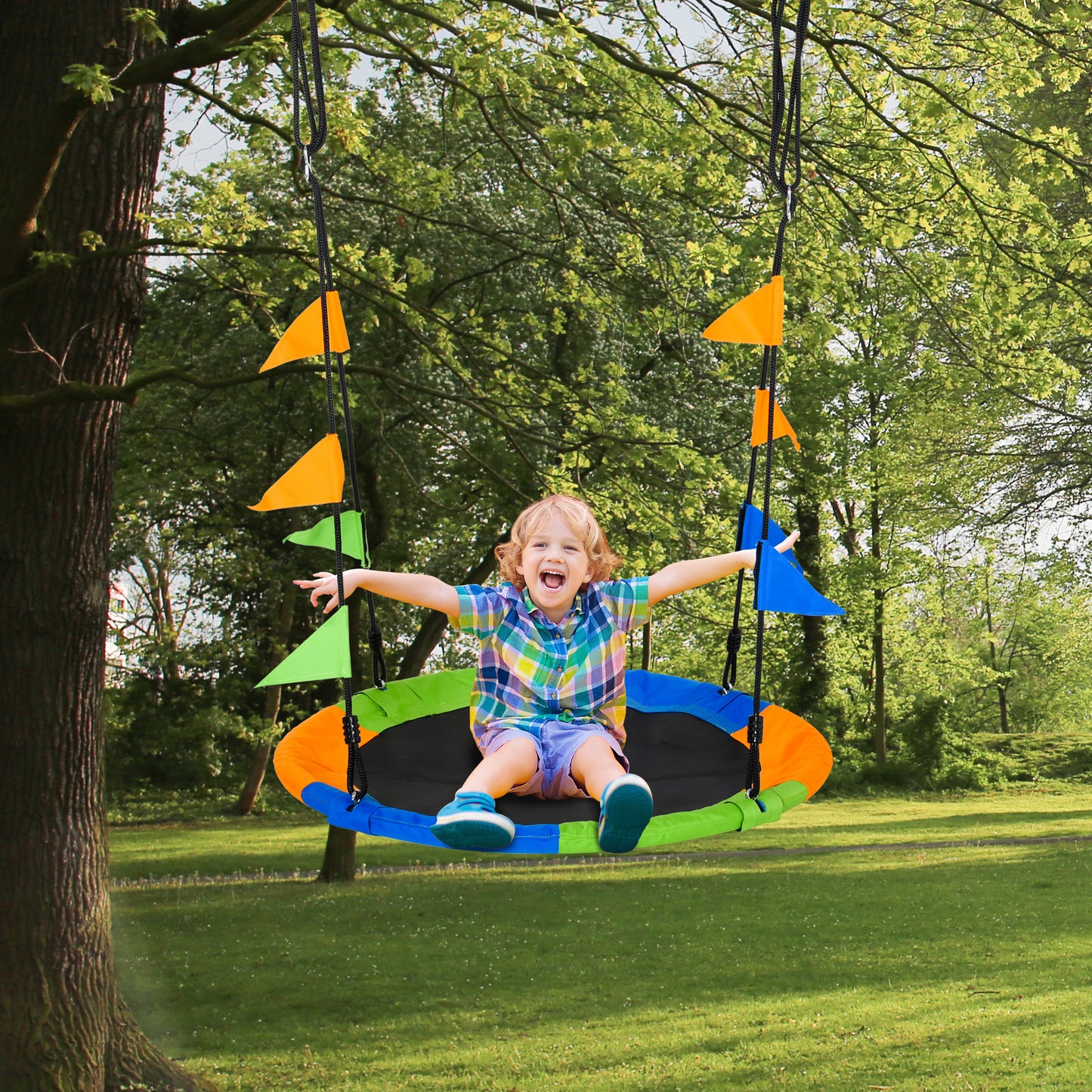 Saucer Tree Swing Metal Tube Adjustable Rope Garden Blue Green Orange