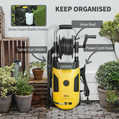 1800W Power Washer 150 Bar Pressure 6M Hose and Hose Reel, Yellow