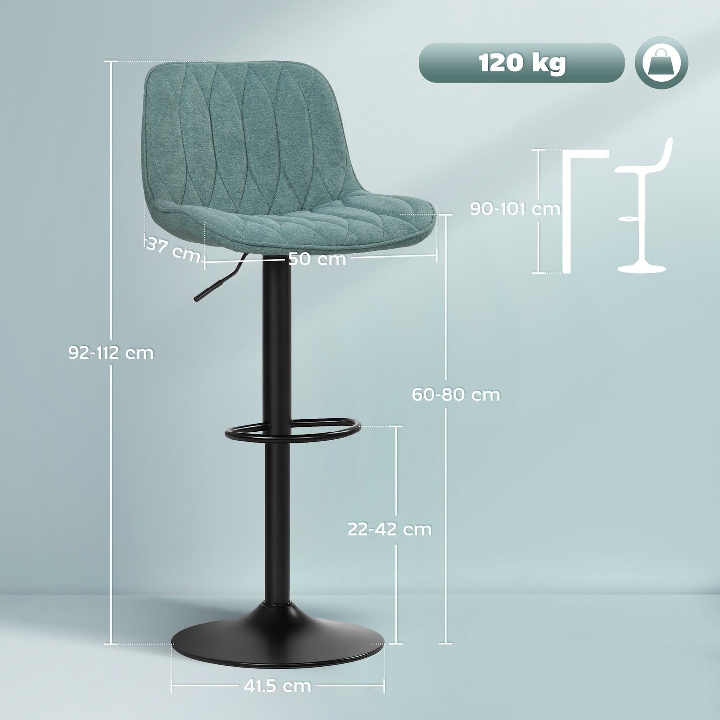 Bar Stools Set of 2, Modern Armless Bar Chairs, Blue