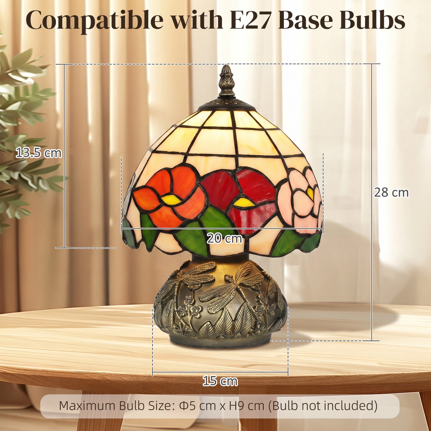 Tiffany-Style Table Lamp with Sculpted Dragonfly Base, Handcrafted Classic Stained Glass Bedside Lamp for Living Room and Bedroom, E27 Socket, Multi-Coloured