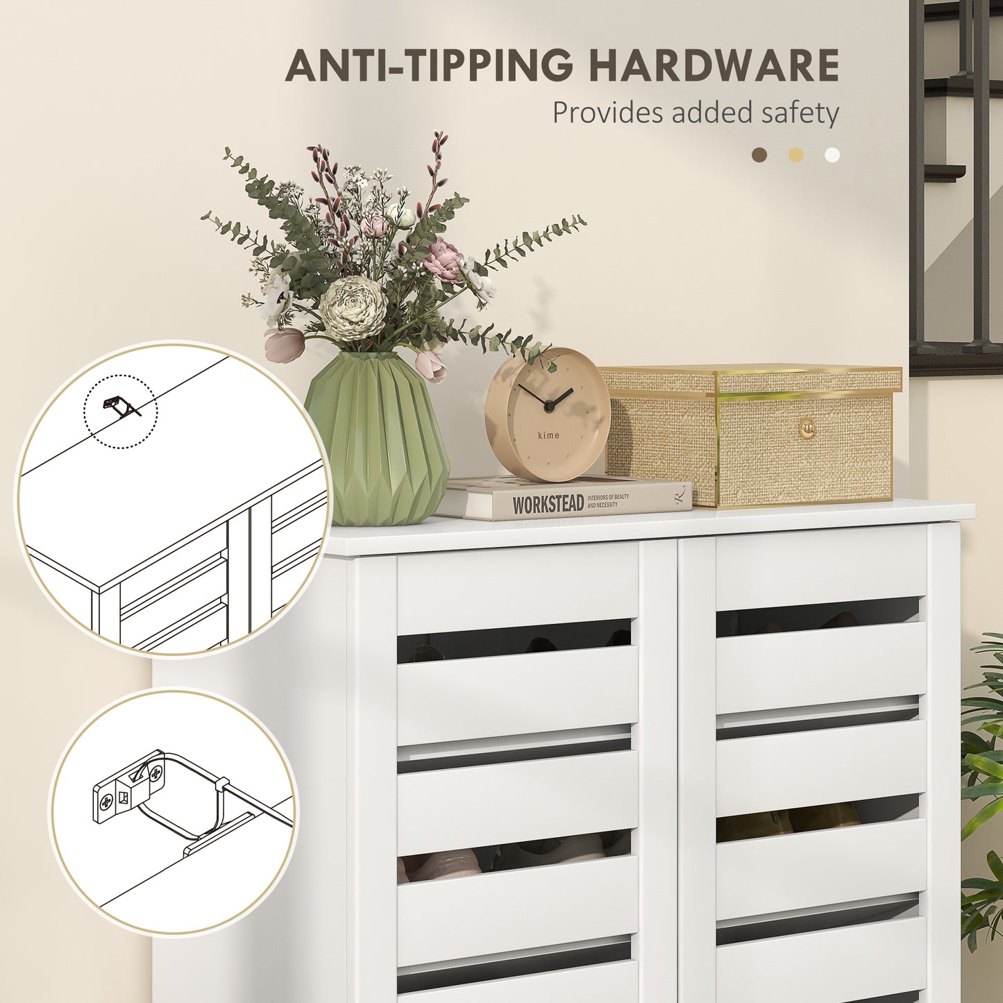 Shoe Storage Cabinet with Slatted Doors for 15 Pairs of Shoes White
