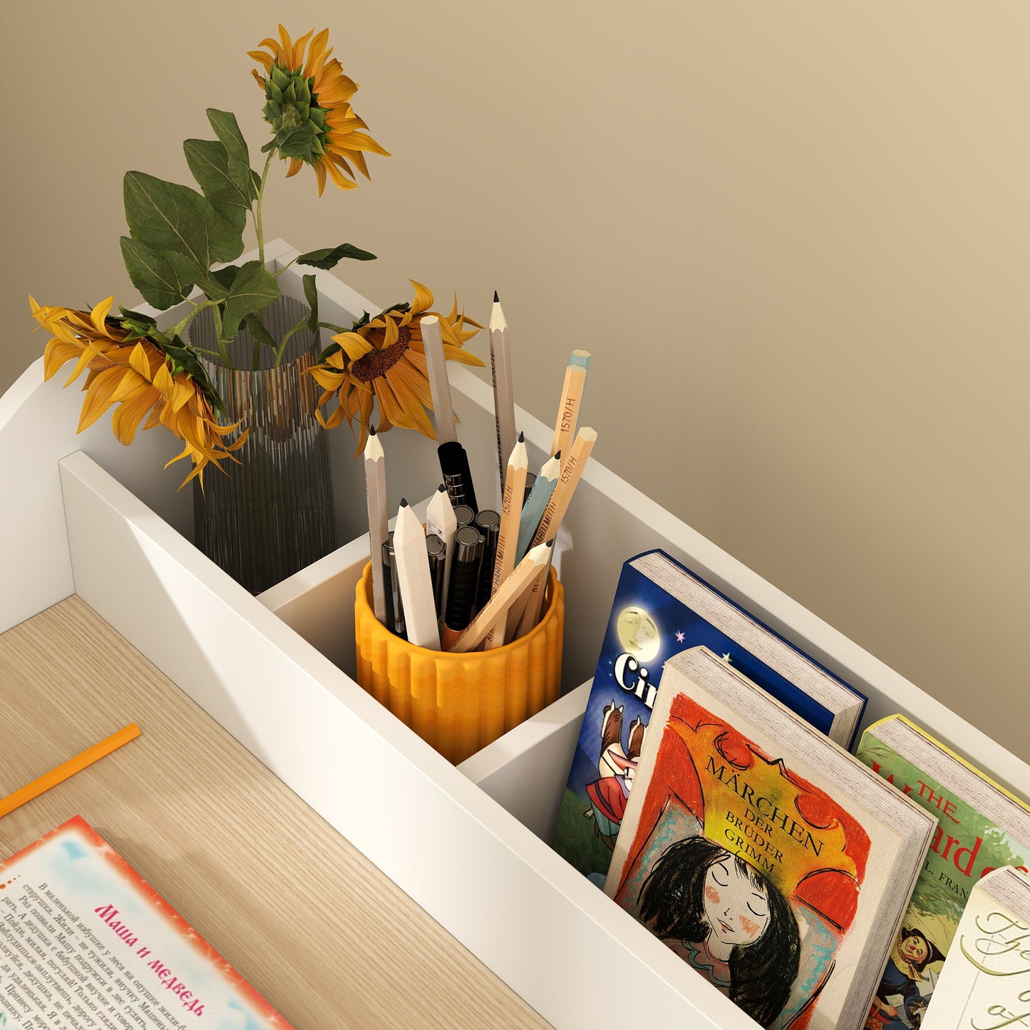 Kids Desk and Chair Set, Children Study Table with Storage, Natural