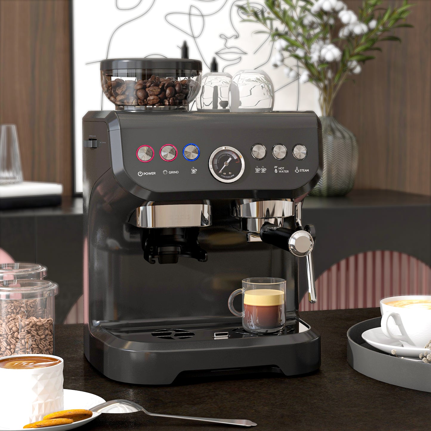 Espresso Machine, Bean Grinder & Steam Wand, 15 Bar Pressure, Black