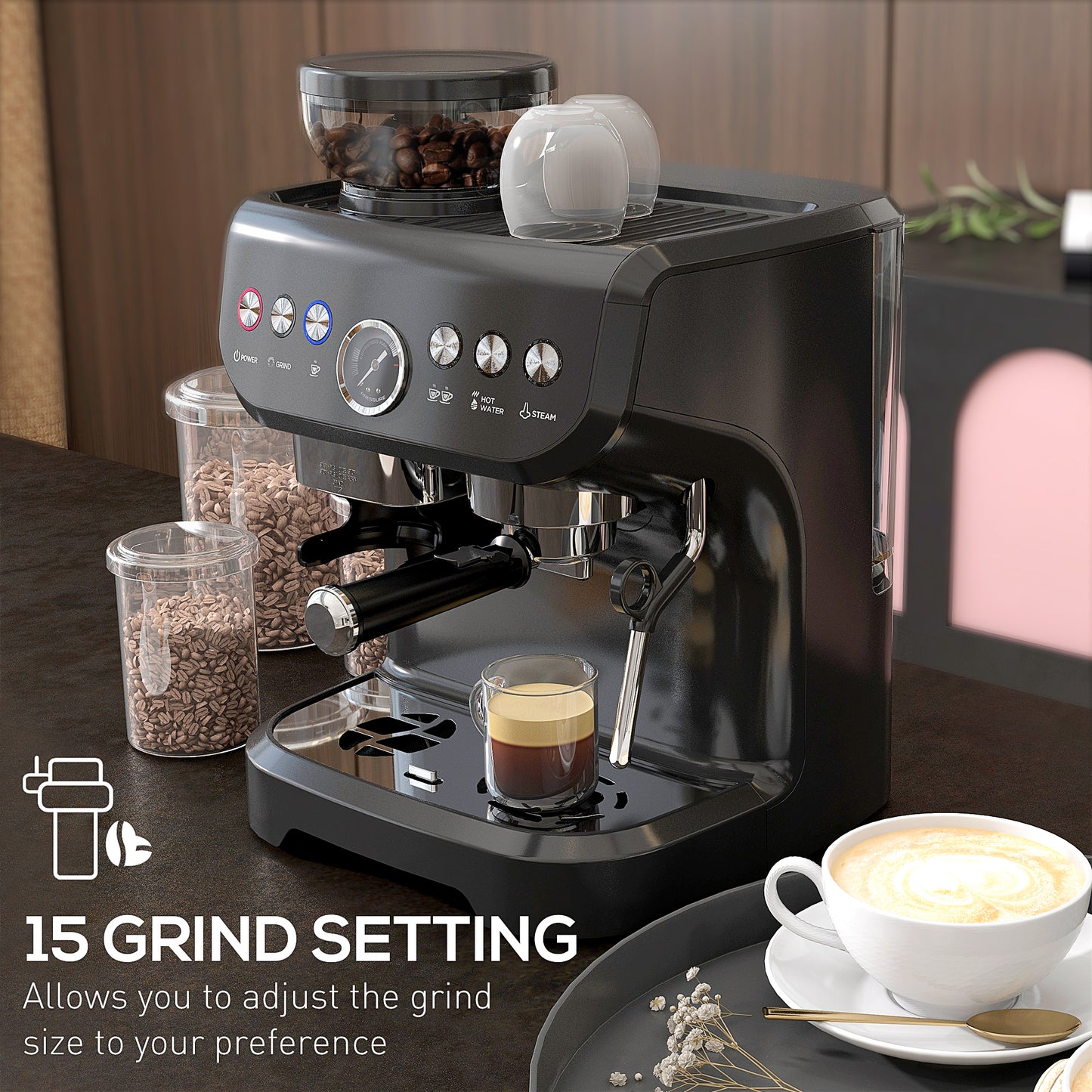 Espresso Machine, Bean Grinder & Steam Wand, 15 Bar Pressure, Black