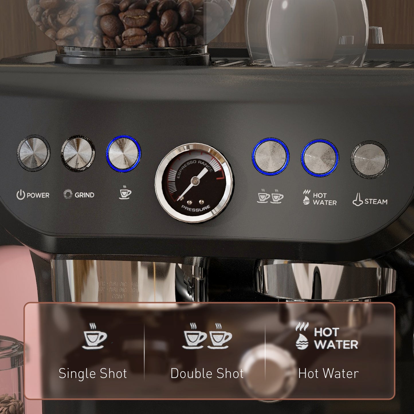 Espresso Machine, Bean Grinder & Steam Wand, 15 Bar Pressure, Black