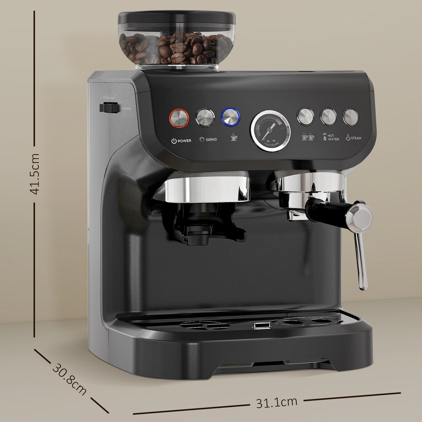 Espresso Machine, Bean Grinder & Steam Wand, 15 Bar Pressure, Black
