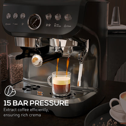 Espresso Machine, Bean Grinder & Steam Wand, 15 Bar Pressure, Black