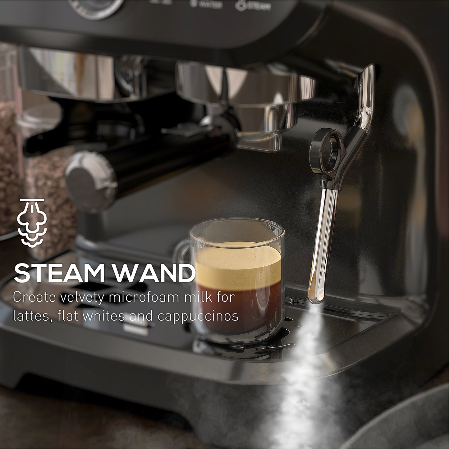 Espresso Machine, Bean Grinder & Steam Wand, 15 Bar Pressure, Black