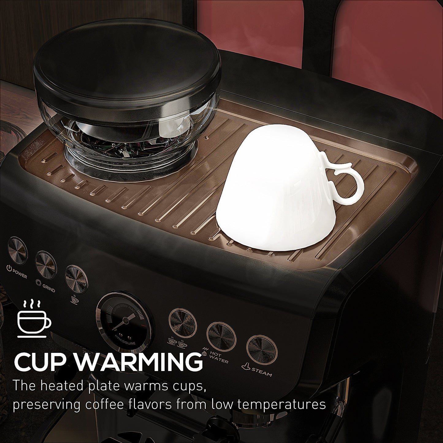 Espresso Machine, Bean Grinder & Steam Wand, 15 Bar Pressure, Black