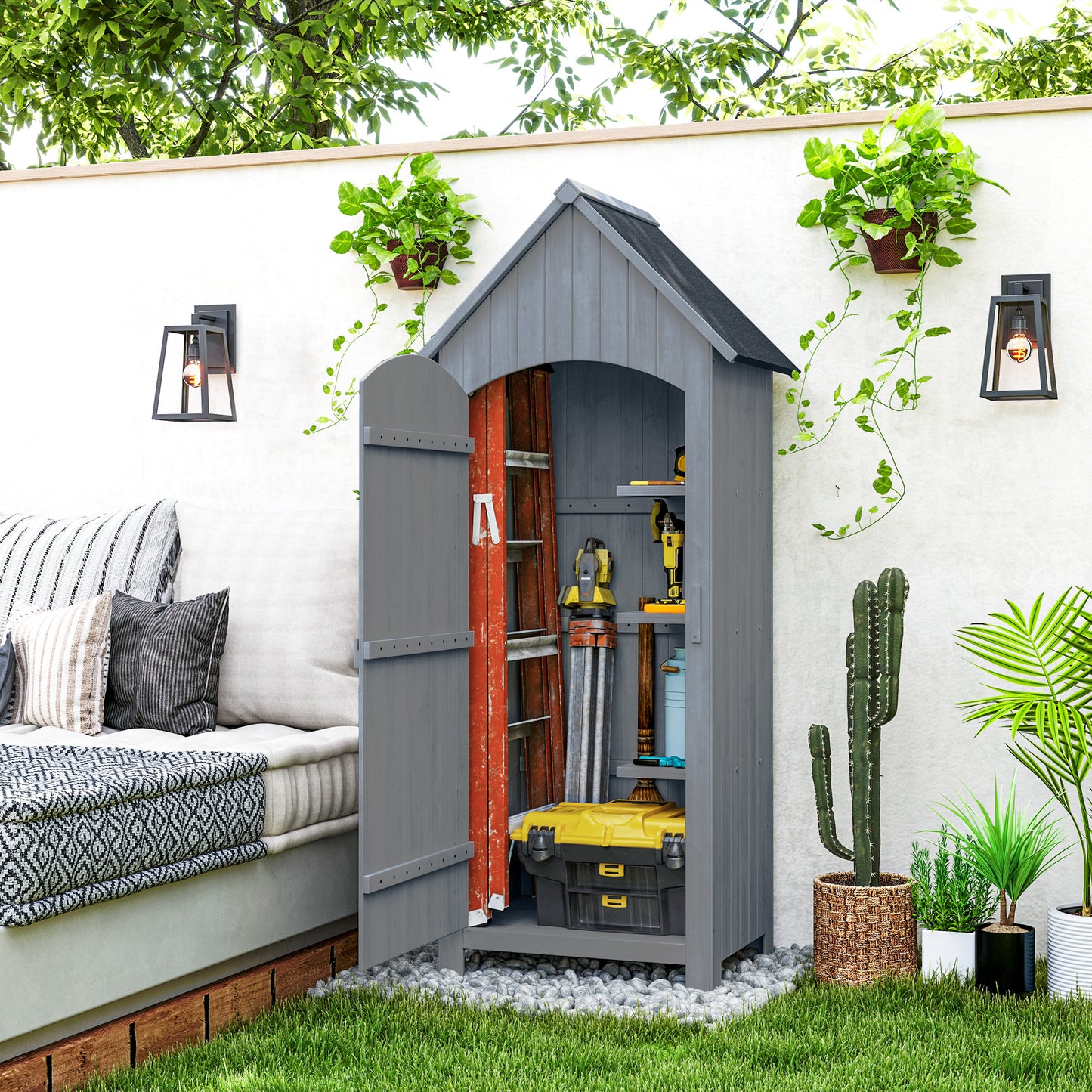 Wooden Small Garden Shed with 3 Shelves and Tilt Roof Grey