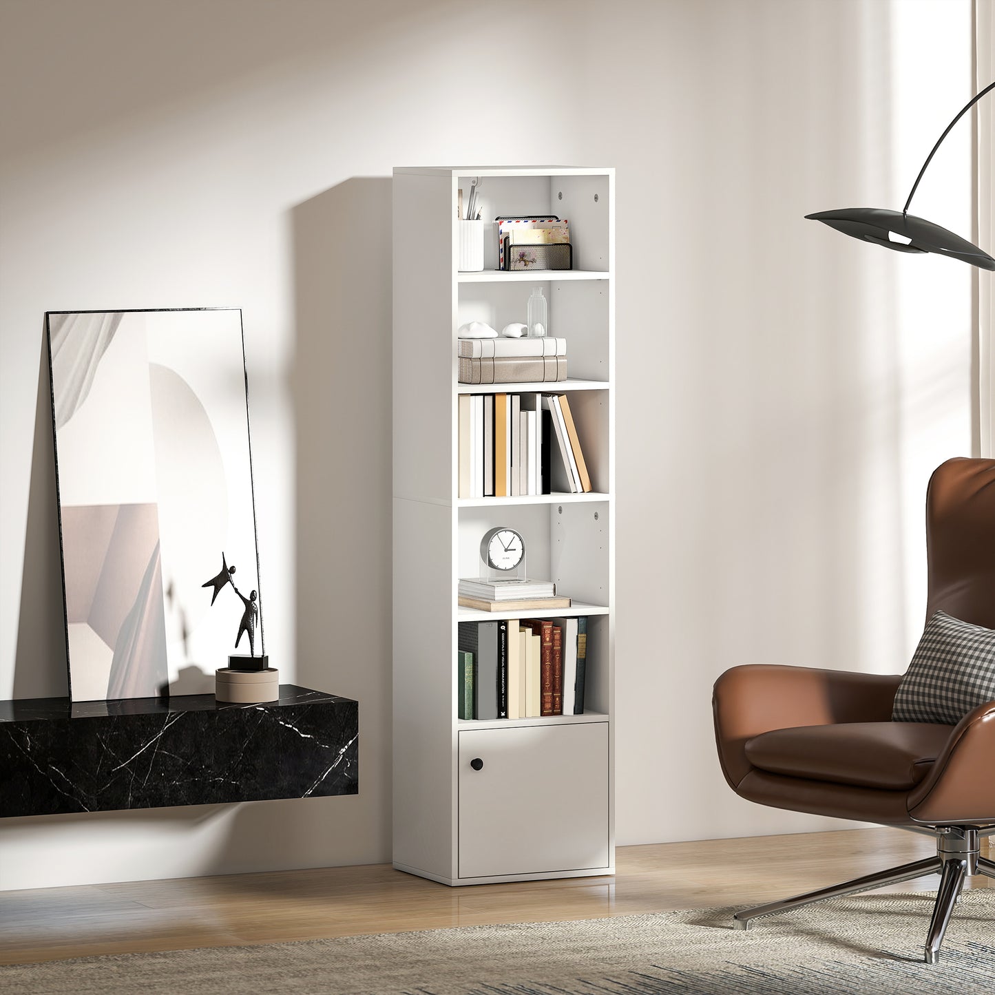Tall Bookcase, 6-Tier Bookshelf with 3 Adjustable Shelves, White
