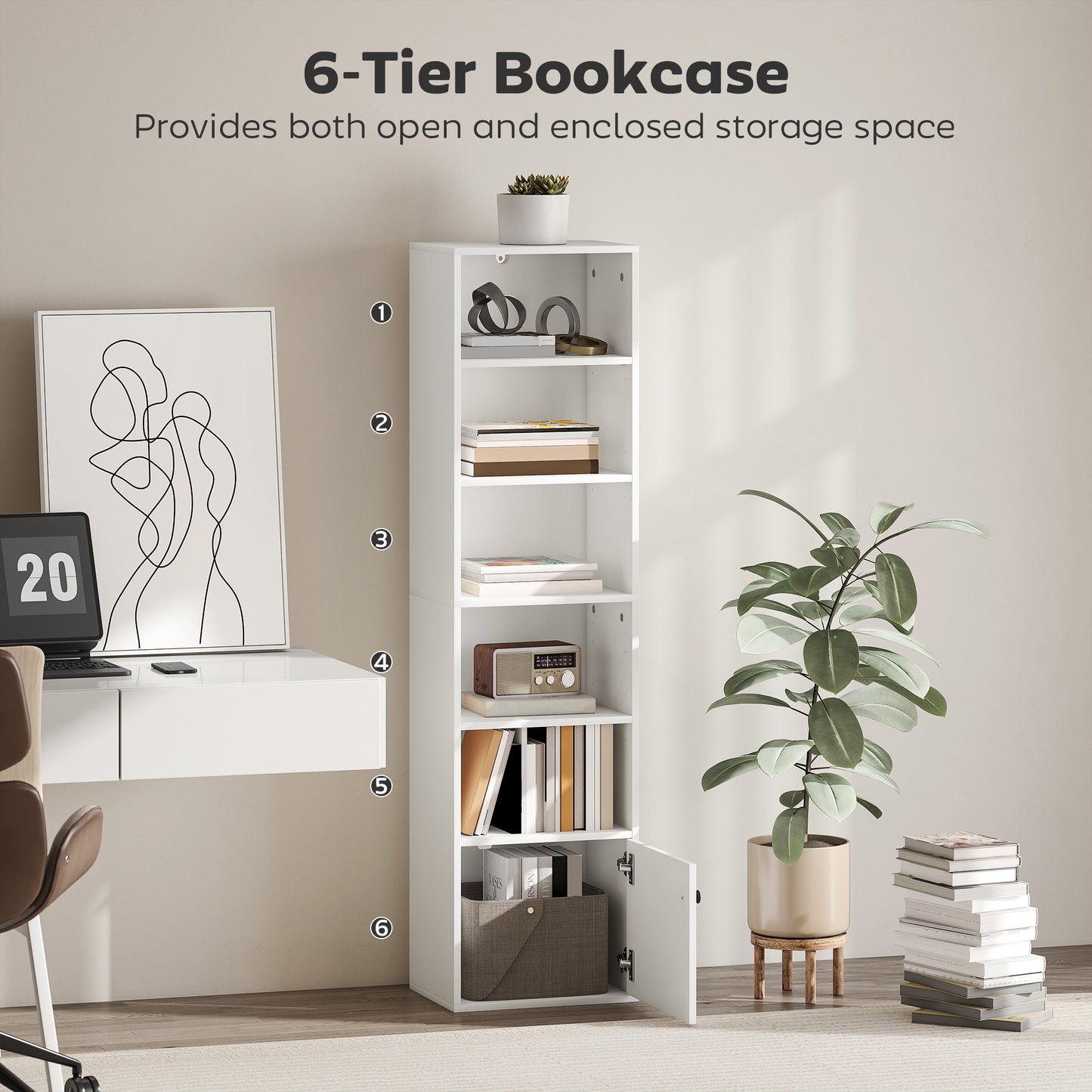 Tall Bookcase, 6-Tier Bookshelf with 3 Adjustable Shelves, White