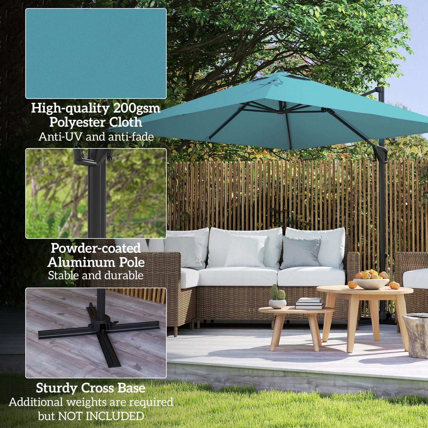 Square Cantilever Roma Parasol 360 Degree Rotation Hand Crank, Blue