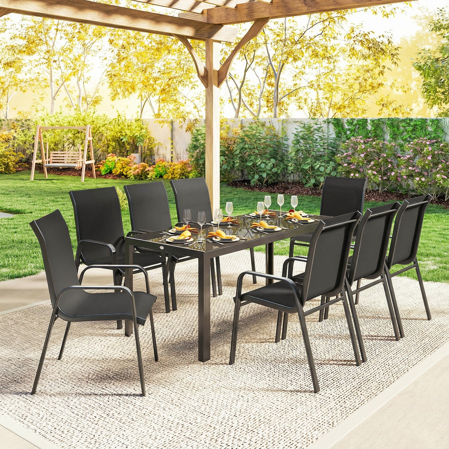 9 Pieces Patio Dining Set with Stackable Chairs, Black