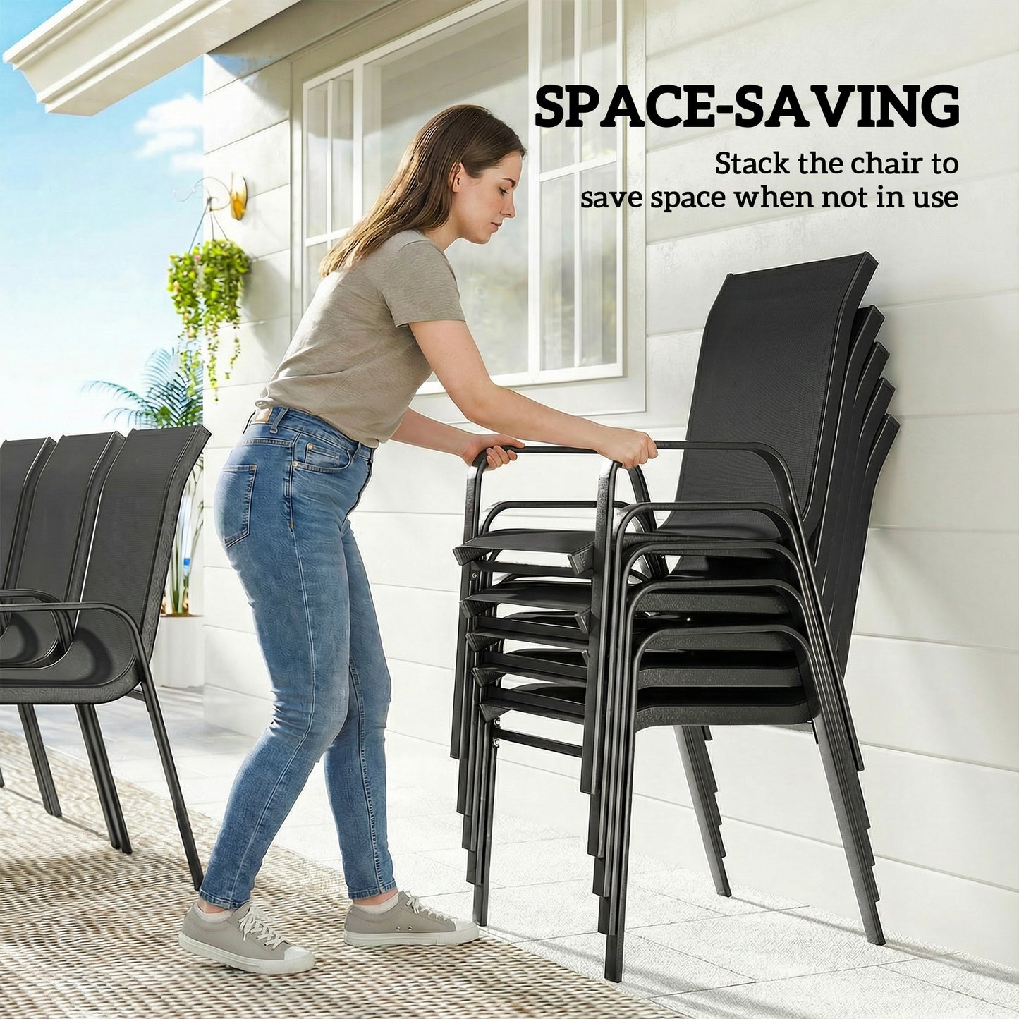 9 Pieces Patio Dining Set with Stackable Chairs, Black