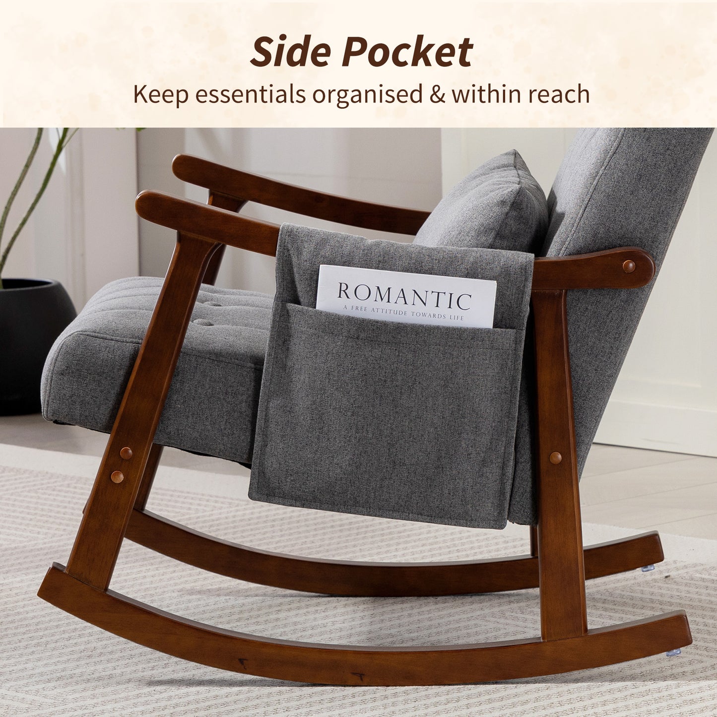 Modern High Back Rocking Chair with Solid Wood Legs, Grey