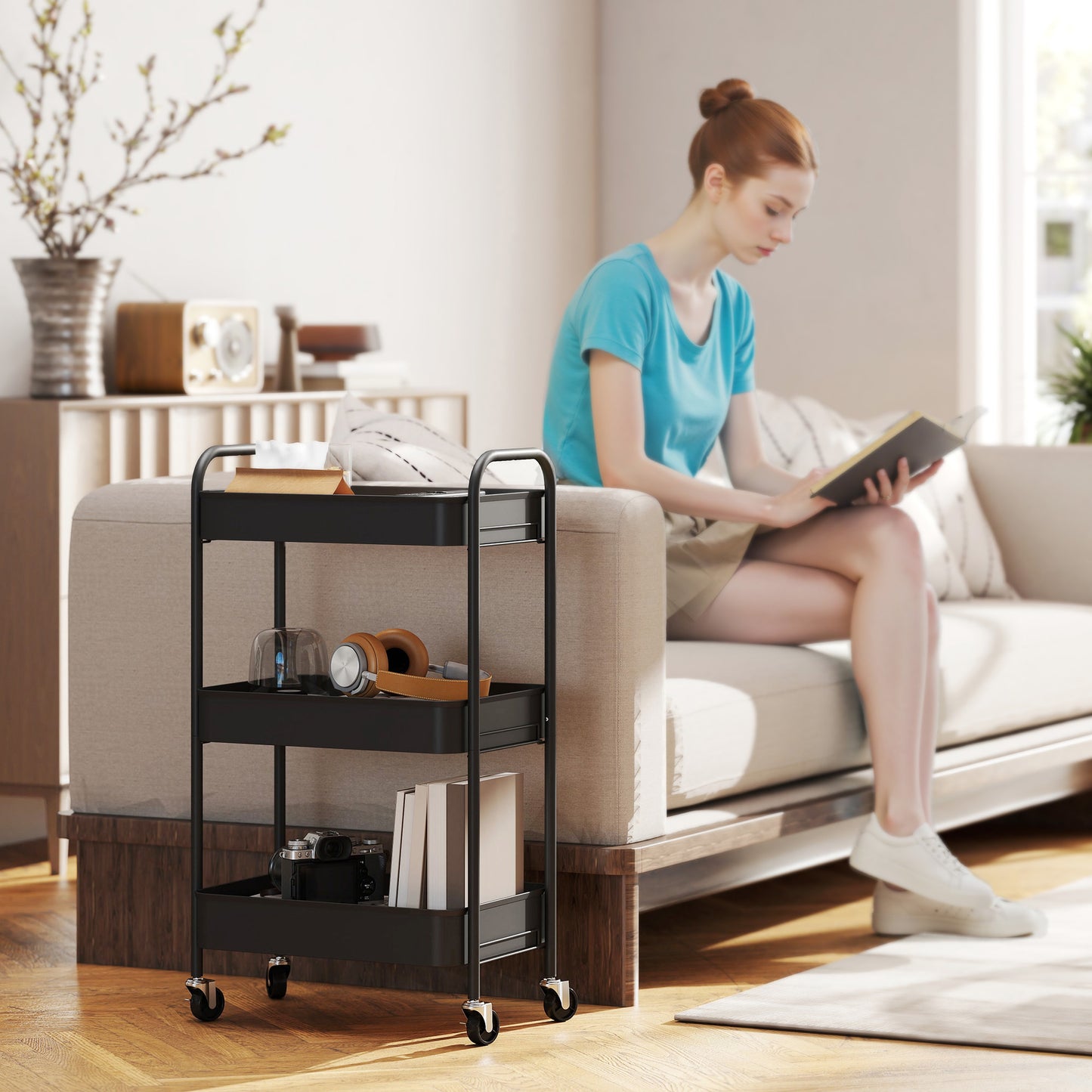 3 Tier Rolling Utility Cart with 3 Mesh Basket, Black