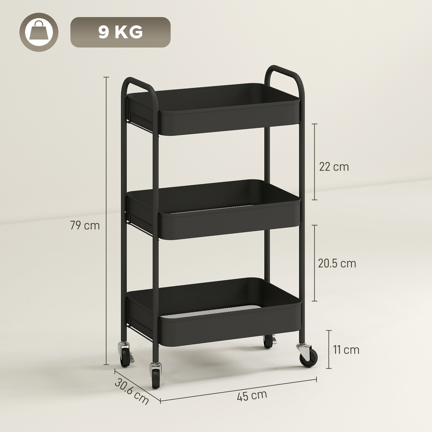 3 Tier Rolling Utility Cart with 3 Mesh Basket, Black