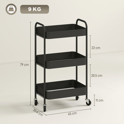 3 Tier Rolling Utility Cart with 3 Mesh Basket, Black