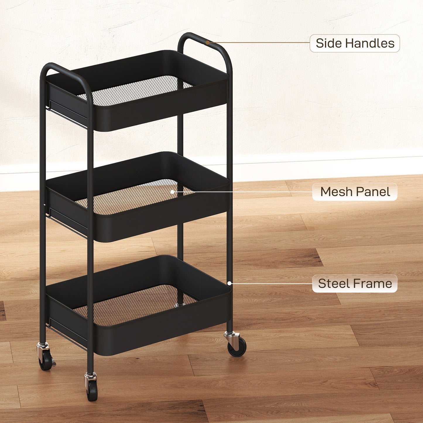 3 Tier Rolling Utility Cart with 3 Mesh Basket, Black