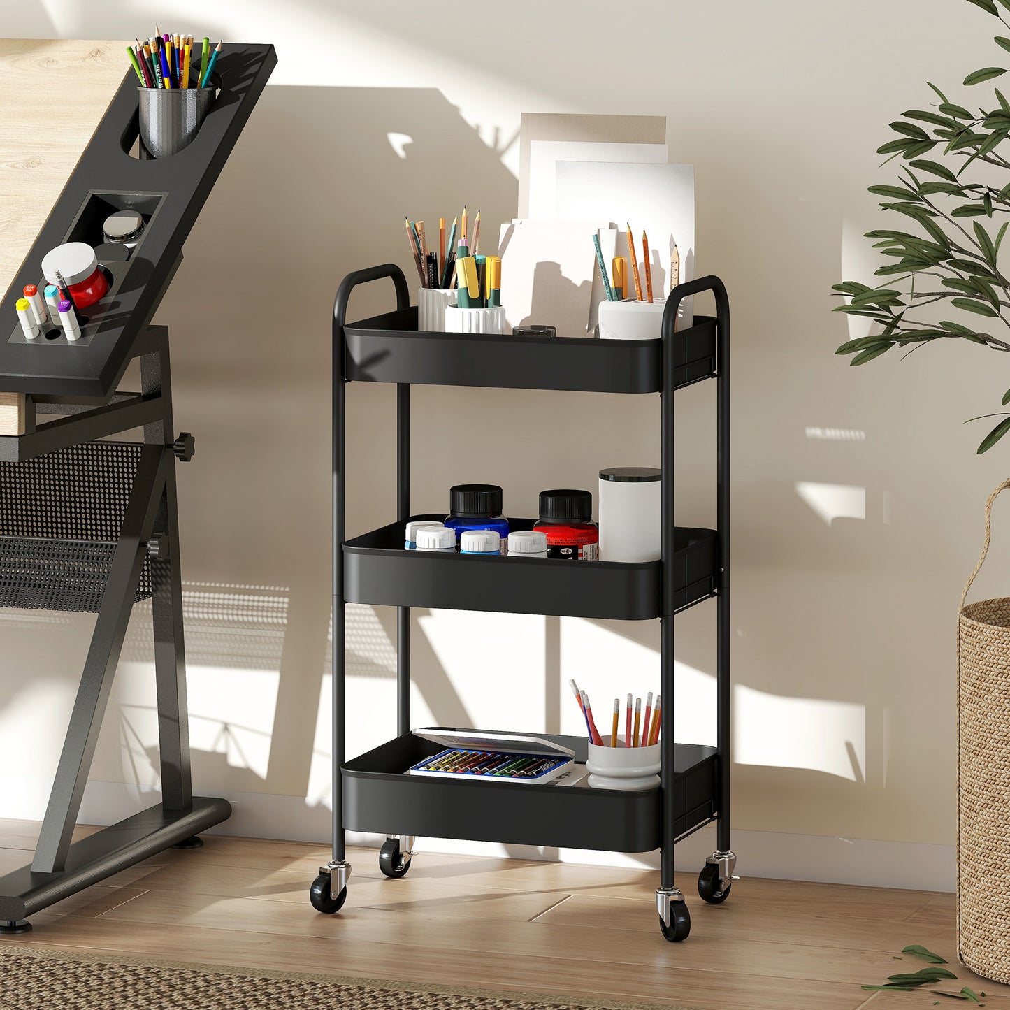3 Tier Rolling Utility Cart with 3 Mesh Basket, Black