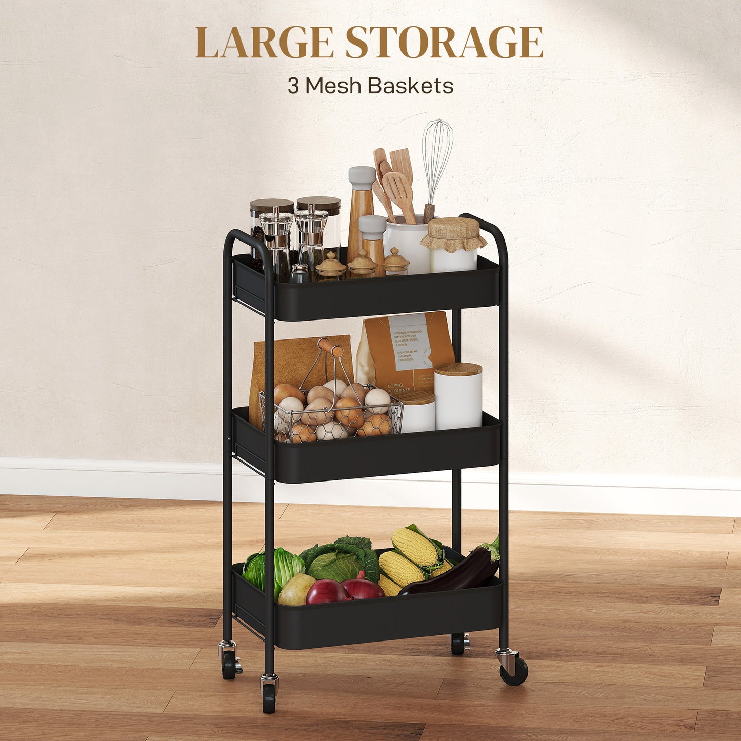 3 Tier Rolling Utility Cart with 3 Mesh Basket, Black