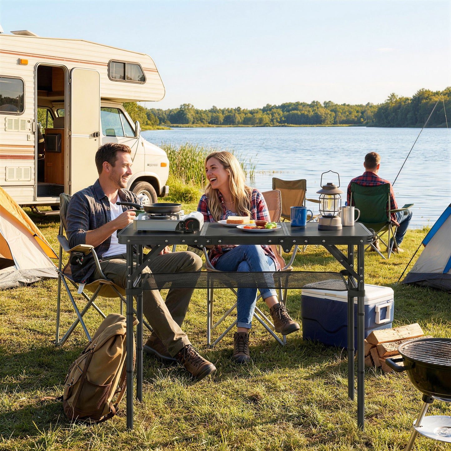3ft Folding Camping Table, Picnic Table with Storage Layer, Black
