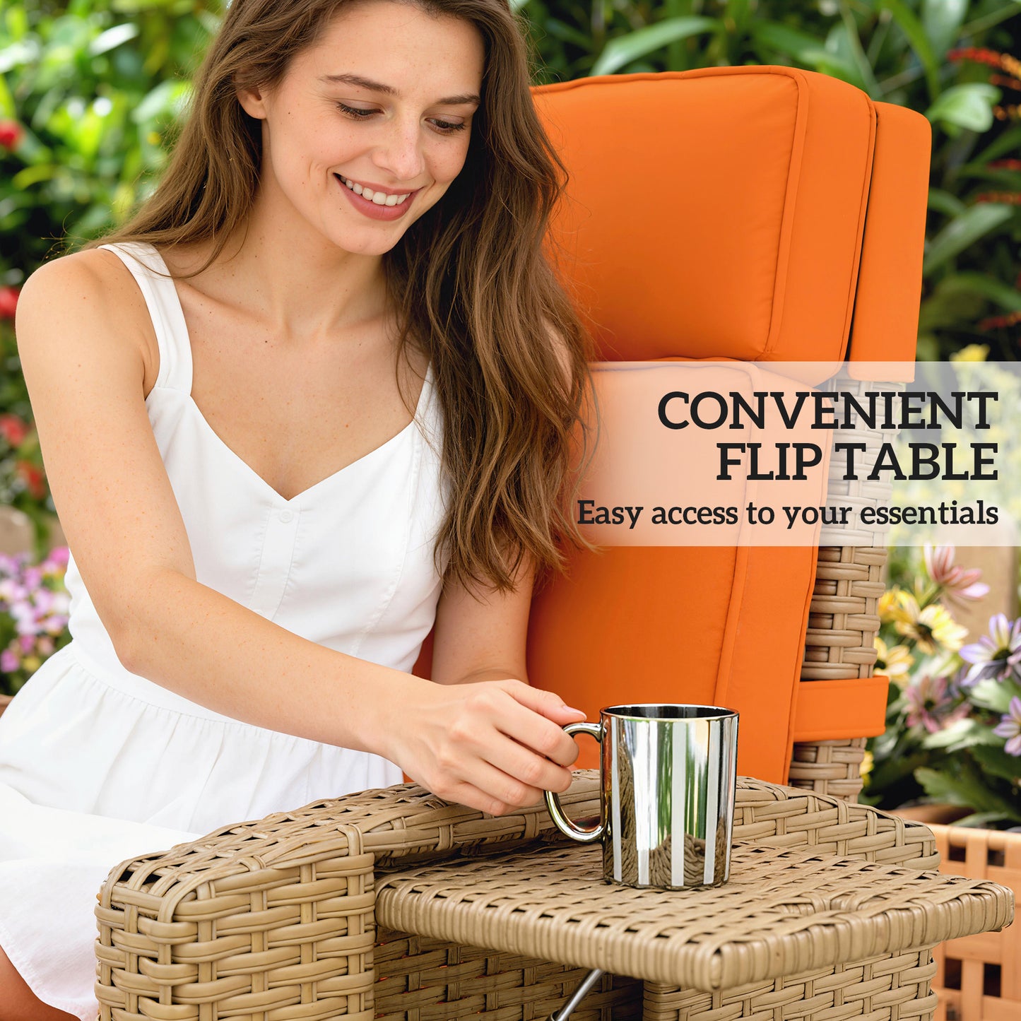 Rattan Garden Recliner Sun Lounger w/ Flip Table, Khaki/Orange