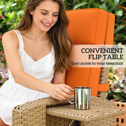 Rattan Garden Recliner Sun Lounger w/ Flip Table, Khaki/Orange