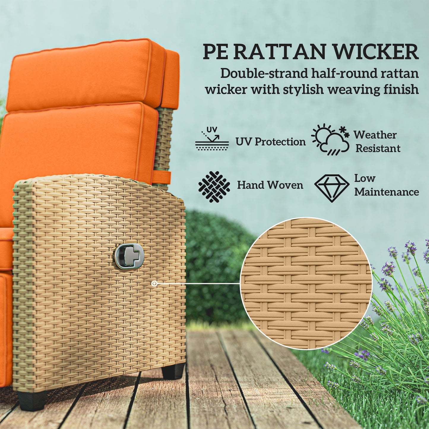 Rattan Garden Recliner Sun Lounger w/ Flip Table, Khaki/Orange