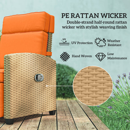 Rattan Garden Recliner Sun Lounger w/ Flip Table, Khaki/Orange