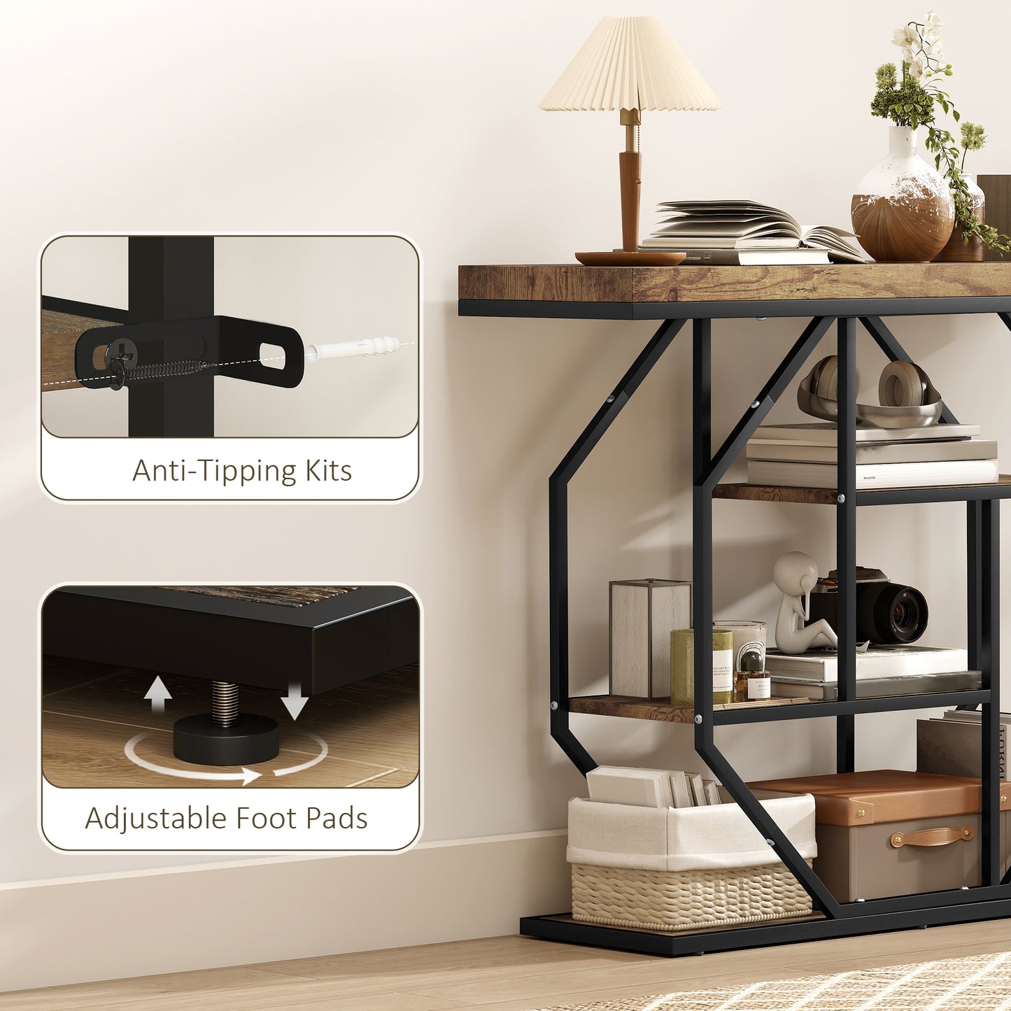 Industrial Console Table, Hallway Table with 4-Tier Shelves