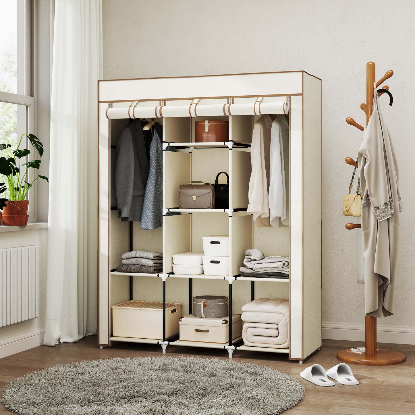 Fabric Portable Wardrobe with 8 Shelves 2 Hanging Rails, Cream White