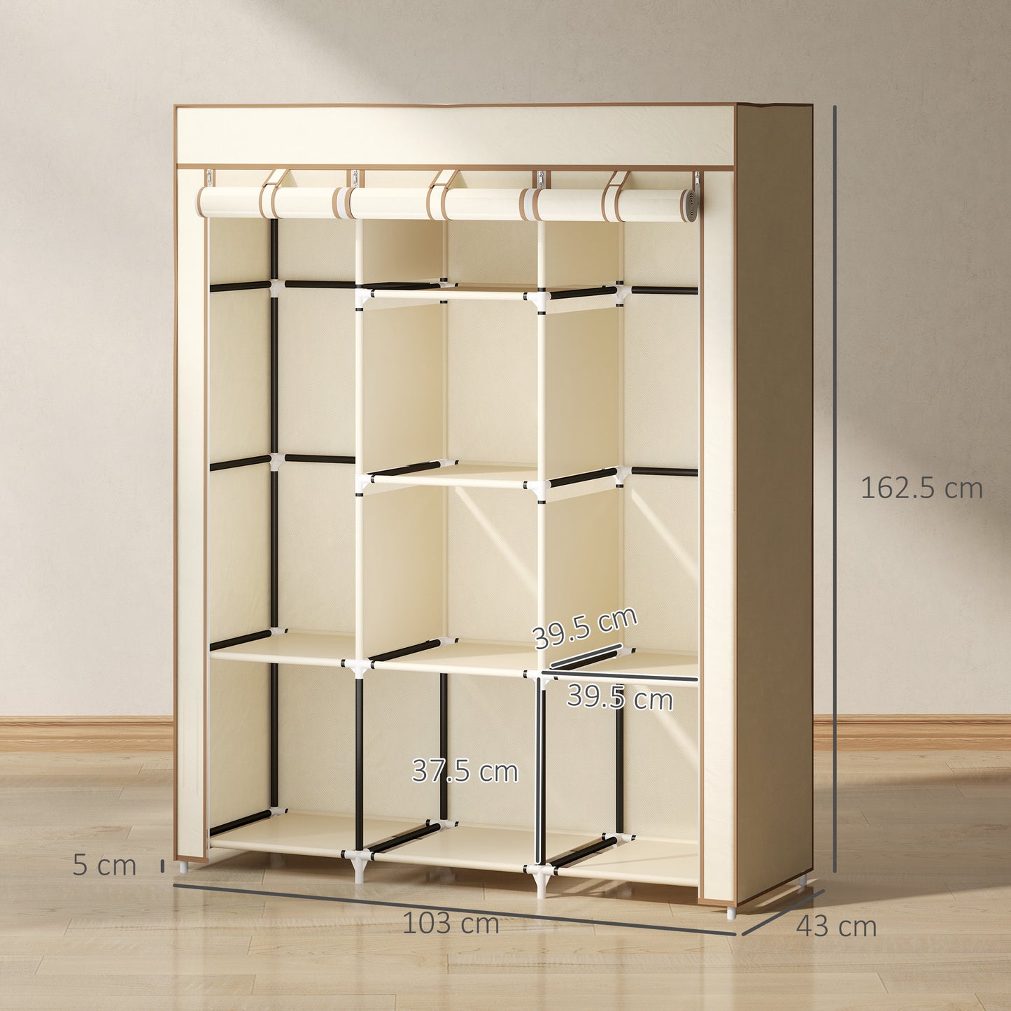 Fabric Portable Wardrobe with 8 Shelves 2 Hanging Rails, Cream White